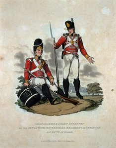 Grenadiers and Light Infantry of the 29th or, Worcestershire Regiment of Infantry on Duty at Home, julkaisusta "British Imperiumin armeijan puvut, viimeisten määräysten mukaan 1812", kaiverrettu b tekijältä Charles Hamilton Smith