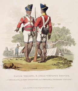 Alkuperäisjoukot Itä-Intian yrityksen palveluksessa: Kevyen jalkaväen kersantti ja Madras Sepoysin sotamies, kaiverrus Joseph Constantine Stadler, 1815 (akvatinta)