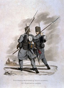 Sotilaat 1. Jalkavartijoiden rykmentistä marssijärjestyksessä, julkaisusta "British Imperiumin armeijan puvut, viimeisten määräysten mukaan 1812", kaiverrettu J. C. Stadler, julkaisija Colnagh tekijältä Charles Hamilton Smith