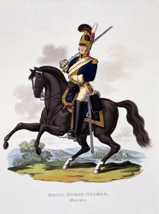 Kuninkaallisen hevoskaartin "sinisten" univormu, teoksesta "Costume of the British Empire, according to the Last Regulations", julkaistu 1812-15 (käsin värjätty akvatintta).