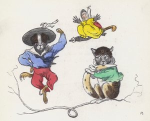 Dame Trottypeg ja hänen lemmikkikissansa ja koiransa (värillinen kaiverrus) tekijältä Charles Henry (after) Bennett