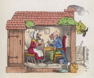 Mies nauraa vaimoaan (värillinen kaiverrus) tekijältä Charles Henry (after) Bennett