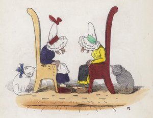 Kaksi vanhaa vaimoa juttelemassa ja sitten nukahtamassa (värillinen kaiverrus) tekijältä Charles Henry (after) Bennett