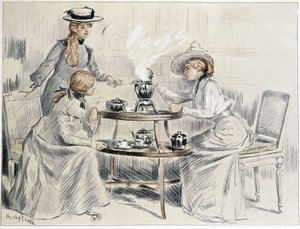 Naiset juomassa teetä pienen samovarin ympärillä - piirustus Henri Tenré, n. 1910