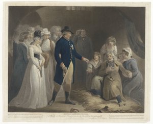 George III vierailee Dorchesterin vankilassa perheensä kanssa Royal Beneficence (nimi esineessä) tekijältä Charles Howard Hodges
