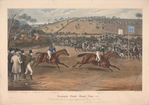 Yksi neljästä sarjasta: Leamington Grand Steeple Chase... 1837. Kilpi 4. Waterfordin marqs on Monarch... tekijältä Charles Hunt