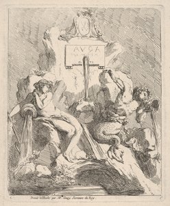 Suunnitelma suihkulähteelle, jossa on istuva nymfi vasemmalla ja triton, joka pitää kuorta suullaan..., 1768. tekijältä Charles Hutin