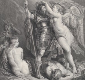 Voiton kruunaama sankari, joka asettaa laakeriseppeleen päähänsä, Venus ja Amor klo..., n. 1735-61. tekijältä Charles Hutin