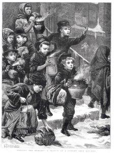 Nälkäisten ruokkiminen, Lontoon soppakeittiö, 1880 tekijältä Charles J. Staniland