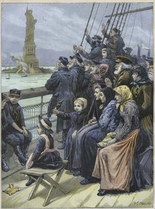Juutalaiset maahanmuuttajat saapuvat New Yorkiin Yhdysvaltoihin Vuonna 1892 - Venäjän juutalaiset pakolaiset ohittivat jättimäisen patsaan New Yorkin satamassa - Charles Joseph STANILANDin kaiverrus - "" Juutalaisten siirtolaisten saapuminen New Yorkiin vu