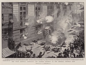 Taistelu armenialaisten ja turkkilaisten sotilaiden välillä Imperial Ottomaanien pankissa tekijältä Charles J. Staniland