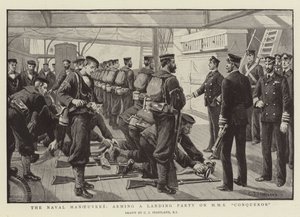 Merivoimien manööverit, maihinnousuryhmän aseistaminen HMS Conquerorilla... tekijältä Charles J. Staniland