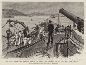 Merivoimien manööverit, ankkurin punnitseminen C-laivaston HMS Benbow -aluksella Torquayn edustalla. tekijältä Charles J. Staniland