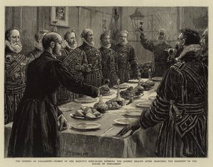 Parlamentin avajaiset, Hänen Majesteettinsa henkivartijoiden miehet juovat kuningattaren terveydeksi sen jälkeen, kun he ovat tutkineet parlamenttitalon kellarin. tekijältä Charles J. Staniland