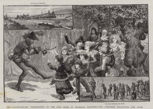 Pied Piperin 100-vuotisjuhla Hamelinissa Hannoverissa, lapset piperiä seuraamassa tekijältä Charles J. Staniland