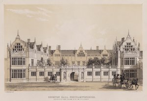 Rushton Hall, Northamptonshire, pystytti Sir Thomas Tresham, Elizabethin aikana (väri litho) tekijältä Charles James Richardson