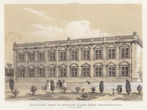 Brympton Manor Housen puutarha edessä, Somersetshire, Inigo Jones, arkkitehti (väri litho)
