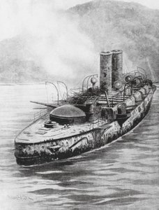 Espanjalainen panssaroitu risteilijä Oquendo meritaistelun jälkeen 1898 (litografia) tekijältä Charles John de (after) Lacy