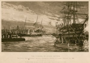 Kuningatar Victorian hautajaiset. Royal Yacht Alberta, joka kantoi kuningattaren ruumista, saapuu Portsmouthin satamaan auringonlaskun aikaan