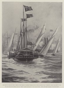 Walesin prinssi Cowesissa, prinssin saapuminen lauantai-iltana 30. heinäkuuta, HMS Crescentin kuninkaallinen tervehdys, kapteeni Yorkin herttua