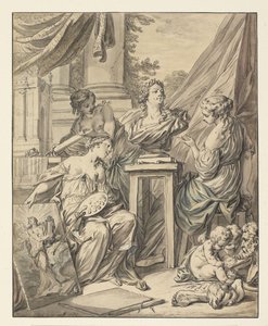 Kuvataide, jonka henkilöityi kolme naista juhlimassa tiedusteluaan Louis XV:lle, 1753 (muste, liitu ja wc paperilla)