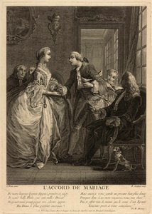 Avioliittosopimus. Nuori mies asettaa kukkaron nuoren naisen käsiin huolestuneiden ihmisten, notaarien ja vanhempien silmien alle. Charles Eisenin (1720-1778) teos, kaiverrus