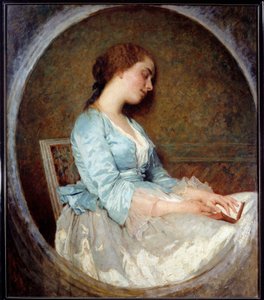 Unelma nuori nainen nukkumassa kirjassaan. Charles Chaplinin (1825-1891) maalaus 1857 su. 1,06x0,92 m Marseille, Musee des Beaux Arts