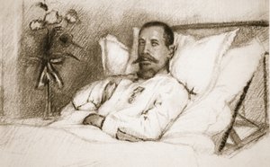 Johtaja, jonka haavoittunut Sir Ian Hamilton on kutsunut onnettomuudeksi: kenraali Gouraud, sairaalassa Pariisissa, The Illustrated War News, 1915 litho