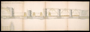 Suunnitelmat Thames-joella Lontoossa sijaitsevasta sillasta, BL Maps C.49.e.76 tekijältä Charles Labelye