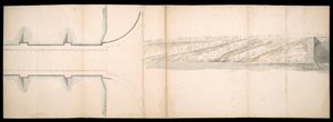 Suunnitelmat Thames-joella Lontoossa sijaitsevasta sillasta, BL Maps C.49.e.76 tekijältä Charles Labelye
