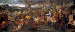 Aleksanteri ja Porus. Vuonna 327 eKr. Aleksanteri Suuri jatkoi valloitustaan kohti Indus-laaksoa. Vuonna 326 eaa. hän voitti Purun (tai Poros, Paurava-heimon kuningas 4. vuosisadalla eKr.) ja hänen sotanorsujen armeijansa Hydaspen taistelussa. Maalauksen t tekijältä Charles Le Brun