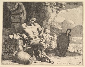 Ilta: istuva satyyri puristaa lastaan, hahmo ripustaa seppeleen laiturille, f..., n. 1640. tekijältä Charles Le Brun