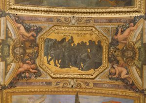 Ihmisten auttaminen nälänhädän aikana 1662, kattomaalaus Galerie des Glacesista tekijältä Charles Le Brun
