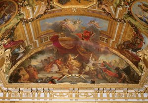 Hollanti hyväksyy rauhan ja irtautuu Pyhästä Rooman valtakunnasta ja Espanjasta vuonna 1678, kattomaalaus Galerie des Glacesista tekijältä Charles Le Brun