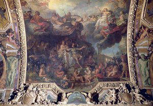 Kuningas Ludvig XIV (1638-1715) hallitsi yksin vuonna 1661, kattomaalaus Galerie des Glacesista tekijältä Charles Le Brun
