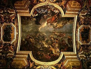 Näkymä Kuninkaasta, joka valloitti Maastrichtin kolmetoista päivässä vuonna 1673 ja Reinin väylä vihollisten läsnäollessa vuonna 1672, kattomaalaus Galerie des Glacesista tekijältä Charles Le Brun