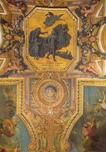 Sota kuningattaren oikeuksista vuonna 1667, kattomaalaus Galerie des Glacesista tekijältä Charles Le Brun