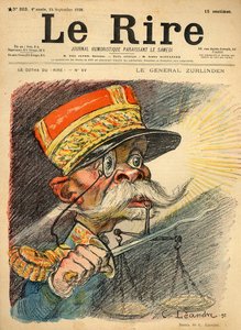 Kenraali Zurlindenin karikatyyri, Le Riren etukannessa, 24. syyskuuta 1898 (värilitho) tekijältä Charles Leandre