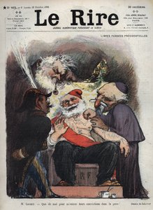 Emile Loubet - Ilmaiset presidentin eläkkeet - herra Loubet - On vaikea saada heidän vakaumustaan iholleni! - (Charles Leandre (1862-1934) pilkkaa valtiota, kirkkoa ja armeijaa presidentti LOUBETin sängyn vieressä, peitettynä makonisilla ja muilla kylteill tekijältä Charles Leandre