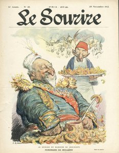 Charles Leandren (1862-1934) kuvitus Le Smilen kanteen, nro 48, 28.11.12 - Croissanttien syöjän hymy - Turkki, Orient, Balkan, Bulgaria - Ferdinand de Bulgaria tekijältä Charles Leandre