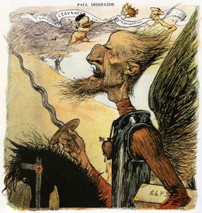 Paul Deroulede (1846-1914), ranskalainen kirjailija ja kansallismielinen aktivisti, tärkeä toimija antidreyfusismissa, Charles Leandren pilakuva ritari Don Quijotena: taistelemaan tuulimyllyjä vastaan, hän kantaa kainalossaan matkalaukkua, jossa on merkint tekijältä Charles Leandre