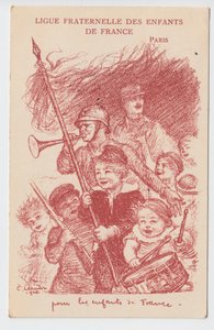 Postikortti, satiirinen väreissä: Ranskan lasten veljesliitto - 14-18 -vuotissota, Lapsuus, Isänmaalliset päivät Kuvitus Charles Leandre (1862-1934) tekijältä Charles Leandre