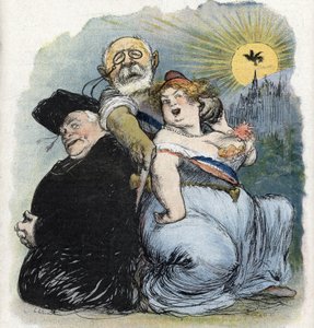 Erottaminen kirkosta ja valtiosta: "" ranskalainen poliitikko Jean-Bienvenu Martin (Bienvenu-Martin) (1847-1943), yleisopetuksen, kuvataiteen ja jumalanpalveluksen ministeri, joka pyrkii epätoivoisesti erottamaan kirkon Ranskan pappina (ranskalainen erotta tekijältä Charles Leandre