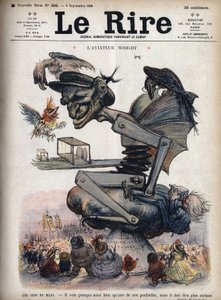 Le Mansin ihmiset: se lentää melkein yhtä hyvin kuin yksi siipikarjamme, mutta sen on oltava kovempi. Amerikkalaisen lentäjä Wilbur Wrightin (1867-1912) sarjakuva "Model A" -lentokoneessaan esittelyssä Le Mansissa tekijältä Charles Leandre