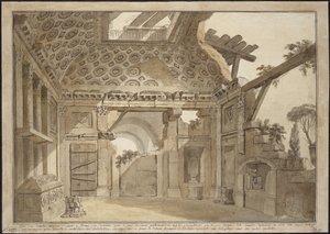 Suunnittelu maalauksille isä Lesueurin sellissä Santissima Trinita dei Montin luostarissa Roomassa - Charles Louis Clerisseau (1722-1820). Kynä, sivellin, harmaa ja ruskea muste, valkoinen väri paperille, n. 1760. Mitat : 36,9x53 cm. Valtion Eremitaaši, tekijältä Charles Louis Clerisseau