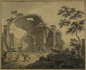 Roomalaiset rauniot ja kaksi talonpoikaa keskustelemassa etualalla tekijältä Charles Louis Clerisseau