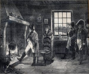 Keisari Napoleon I lämmittää itseään puutakalla lumimaisemassa - Napoleon Waterloon taistelun jälkeen vuonna 1814 - kaiverrus Charles Louis (Charles-Louis) Kratken (1848-1921) maalauksen jälkeen tekijältä Charles Louis Kratke