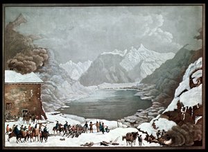 Napoleon Bonaparte (1769-1821) St. Bernard Passin sairaalassa, 20. toukokuuta 1800, kaiverrus Merou (akvatinta) tekijältä Charles Louis Lucien Muller