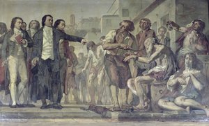 Philippe Pinel 1745-1826 vapauttaa mielisairaita kahleistaan Bicetren mielisairaalassa Pariisissa vuonna 1793, noin 1840-50 öljy kankaalle yksityiskohta kuvasta 163956.