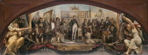 Louvren Denon-paviljongin luonnos: Les quatre âges artistiques de la France - Présentation des plans à Napoléon, n. 1864 (öljy kankaalle). tekijältä Charles Louis Lucien Muller
